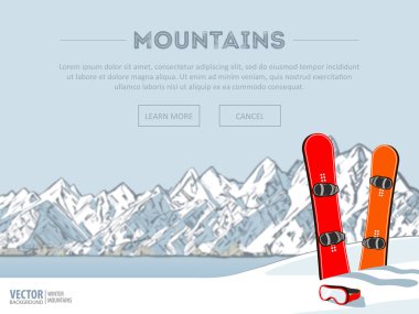 Kış spor nesneler. İki kırmızı snowboard. Dağlar kış sezonu. Ski resort sezon açıktır. Ski lift. Kış web banner tasarımı. Vektör arka plan.