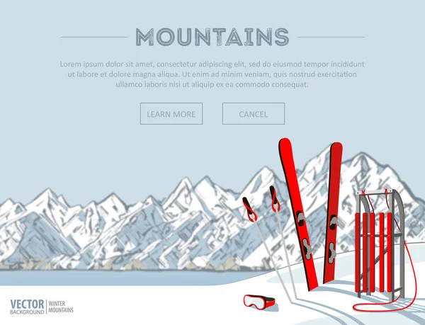 Winter sport objects. Red wooden sled and ski. Mountains in winter season. Ski resort season is open. Winter web banner design. Vector background.