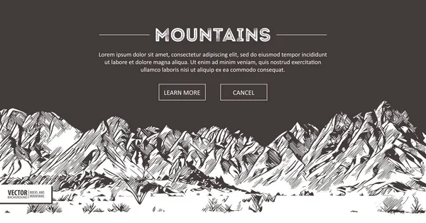 Lanţurile munţilor. Schiţa naturii. Spiky peisaj montan schiță desenul manual, în stil gravură gravură, pentru sport extremă alpinism, călătorie de aventură și design turistic. Panorama vectorială . — Vector de stoc