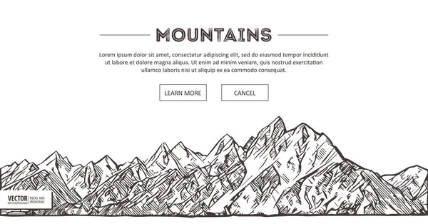 Bergen sträcker sig. Naturen skiss. Taggiga bergslandskapet skiss hand teckning, i gravyr etsning stil, för extrema klättringsporten, äventyrsresor och turism design. Vector panorama. — Stock vektor