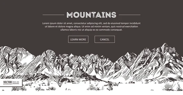 Mountains ranges. Nature sketch. Spiky mountain landscape sketch hand drawing, in engraving etching style, for extreme climbing sport, adventure travel and tourism design. Vector panorama. Royalty Free Stock Vectors