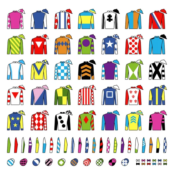 Jockey uniform. Traditionell design. Jackor, sidentyger, ärmar och hattar. Ridning. Hästkapplöpning. Ikoner set. Isolerade på vitt. Vektorillustration — Stock vektor