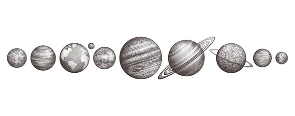 太陽系惑星のコレクションです。彫刻スタイル。ヴィンテージ エレガントな科学セット。神聖な幾何学、魔法、難解な哲学、タトゥー、アート。孤立した手描きイラスト. — ストック写真