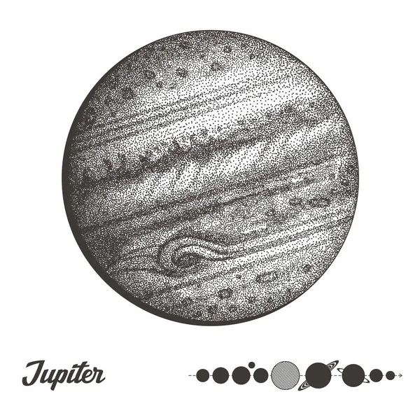 Jupiter. Kolekce planet ve sluneční soustavě. Styl, gravírování. Vintage elegantní věda sada. Posvátná geometrie, magie, esoterických filozofie, tetování, umění. Izolované kreslené vektorové ilustrace. — Stockový vektor