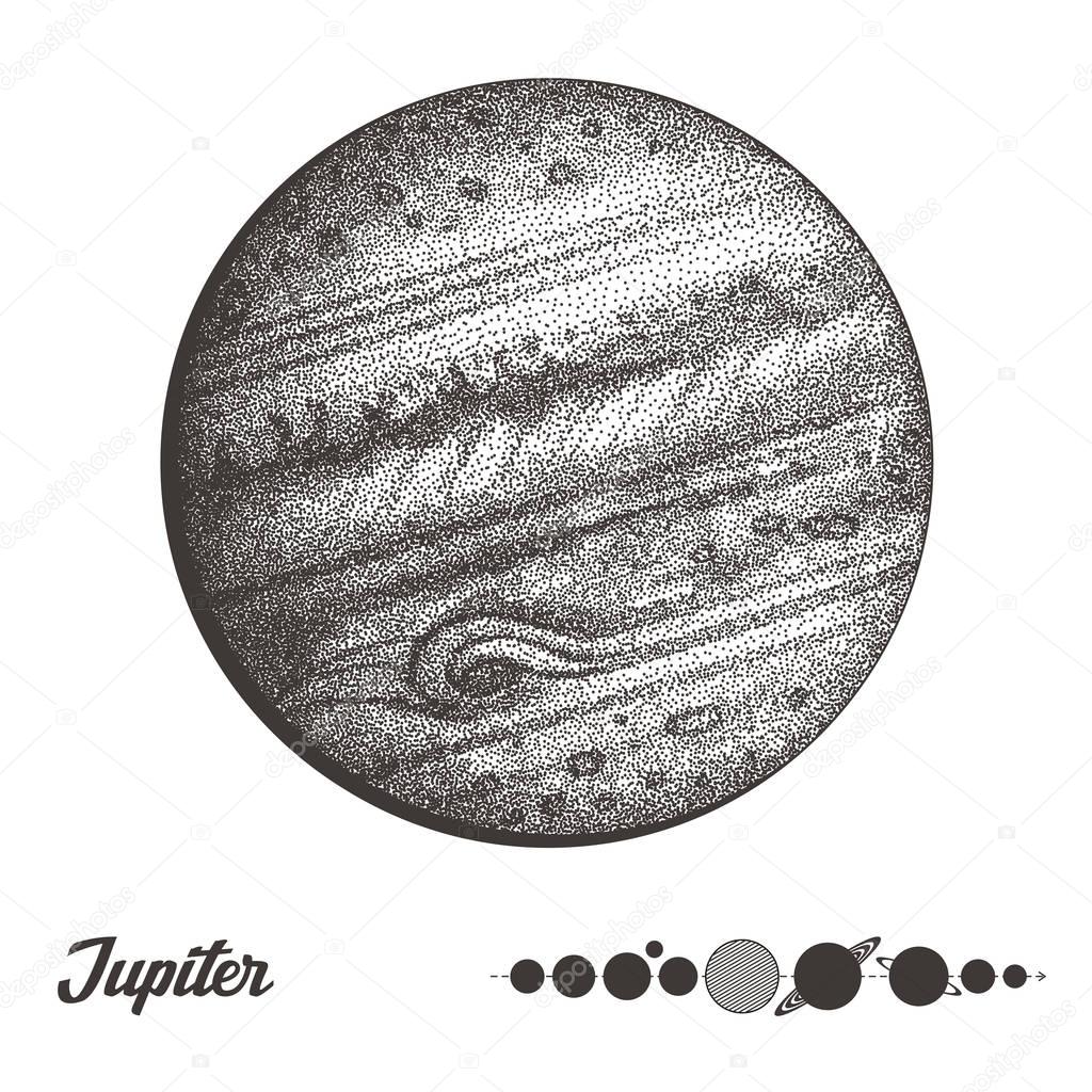 Jupiter. Collection of planets in solar system. Engraving style. Vintage elegant science set. Sacred geometry, magic, esoteric philosophies, tattoo, art. Isolated hand-drawn vector illustration.