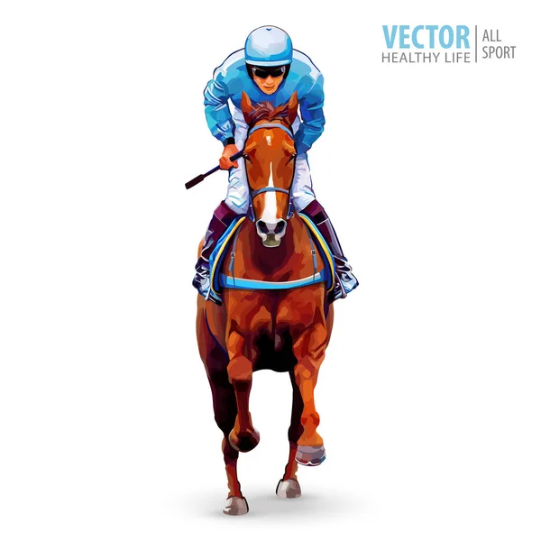 Jockey à cheval. Champion. Course de chevaux. Hippodrome. hippodrome. Sautez l'hippodrome. Équitation. Cheval de course arrivant premier à la ligne d'arrivée. Isolé sur fond blanc. Illustration vectorielle — Image vectorielle