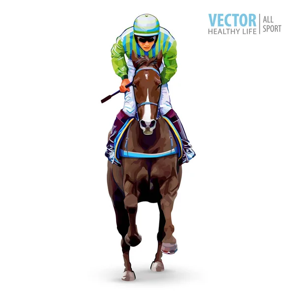 Jockey on horse. Champion. Horse racing. Hippodrome. Racetrack. Jump racetrack. Horse riding. Racing horse coming first to finish line. Isolated on white background. Vector illustration — Stock Vector