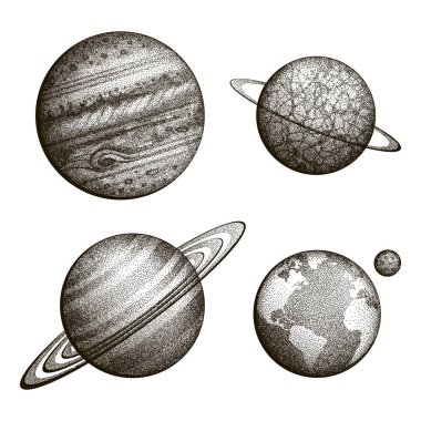 Collection of planets in solar system. Engraving style. Vintage elegant science set. Sacred geometry, magic, esoteric philosophies, tattoo, art. Isolated hand-drawn vector illustration clipart
