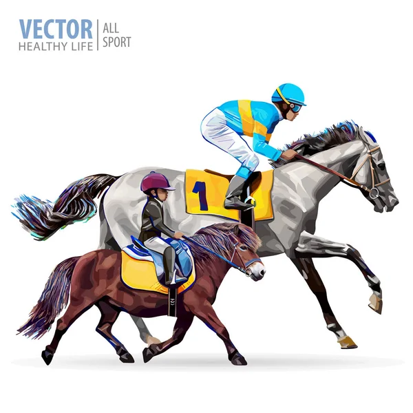 Jockey op paard. Jongen een pony rijden. Hippische sport. Rijpaard. Kampioen. Paardenrennen. Hippodroom. Circuit. Springen circuit. Geïsoleerd op een witte achtergrond. Vectorillustratie. — Stockvector