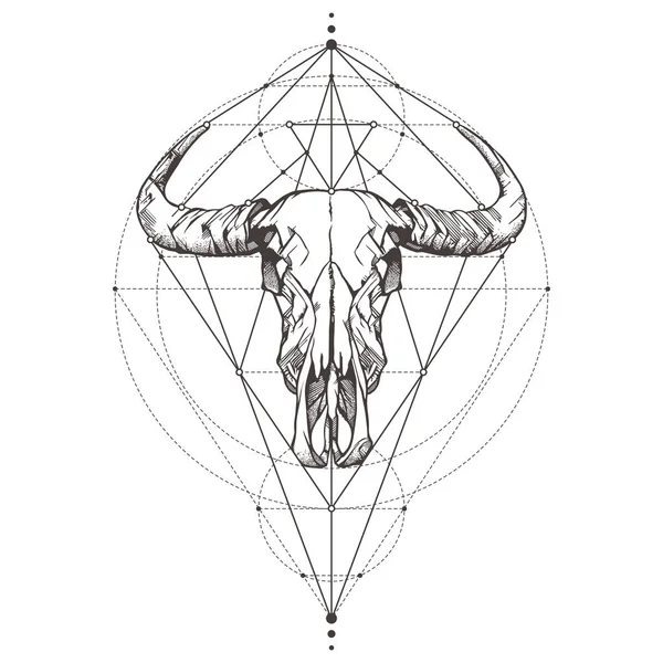 Bull skull. Tattoo sketch. Mystical symbols and animal. Alchemy, religion, occultism, spirituality, coloring books. Hand-drawn vector illustration. — Stock Vector