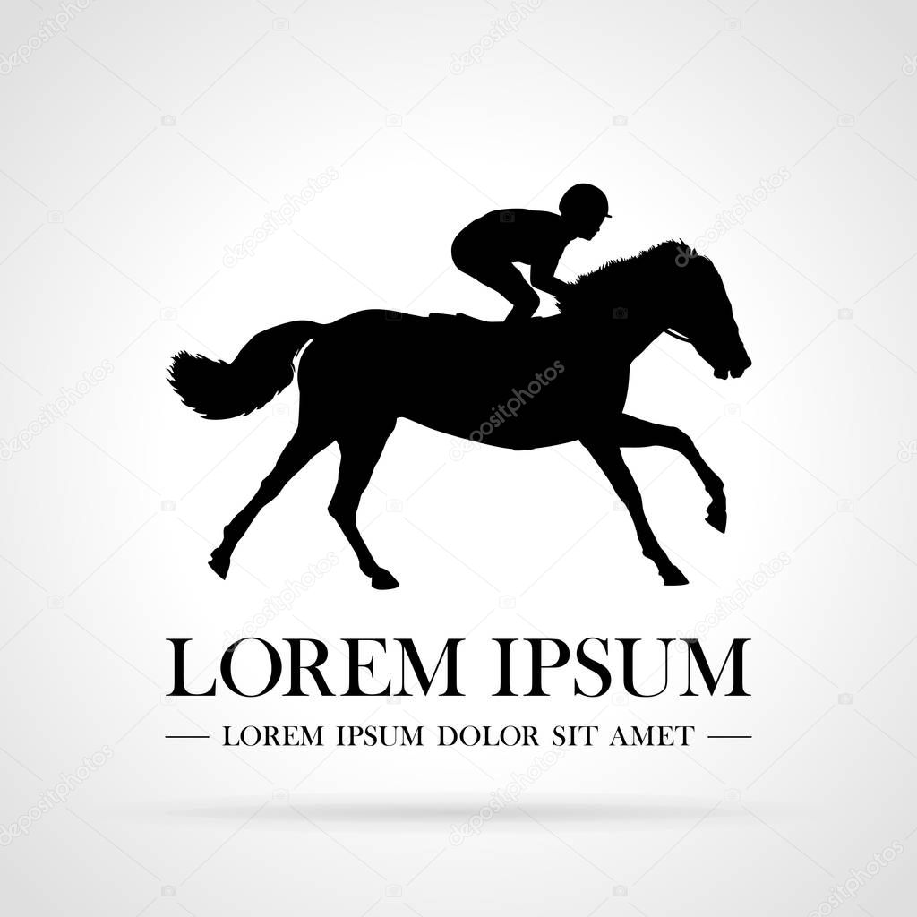 Silhouette of racing horse with jockey. Logo. Design icons. Stable, farm,Valley,Company. Equestrian sport Poster Vector Illustration