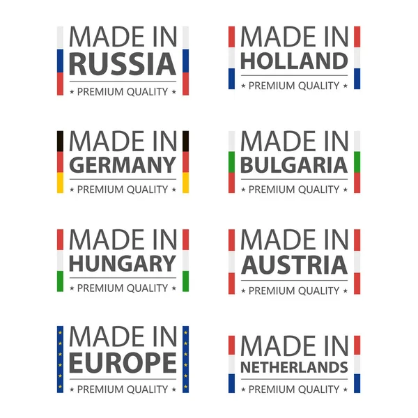 単純なベクトルのロゴはドイツ、ロシア、ハンガリー、オランダ、ブルガリア、オーストリア、オランダ、欧州連合製で作られました。プレミアム品質。フラグを指定してラベルを付けます。ベクトル図. — ストックベクタ