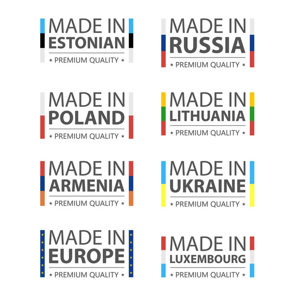 単純なベクトルのロゴ エストニア、ロシア、ポーランド、リトアニア、アルメニア、ウクライナ、ルクセンブルク、欧州連合製で作られました。プレミアム品質。フラグを指定してラベルを付けます。ベクトル図. — ストックベクタ