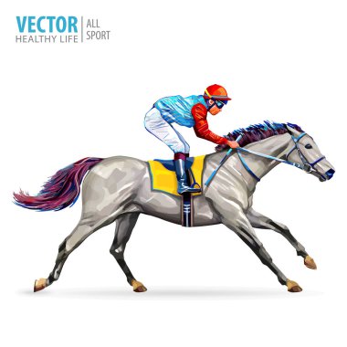 Jockey on horse. Champion. Horse racing. Hippodrome. Racetrack. Jump racetrack. Horse riding. Racing horse coming first to finish line. Isolated on white background. Vector illustration. clipart