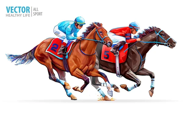 Dos caballos de carreras compitiendo entre sí. Deporte. Campeón. Hipódromo. Pista de carreras. Ecuestre. Derby. Velocidad Aislado sobre fondo blanco. Ilustración vectorial — Vector de stock