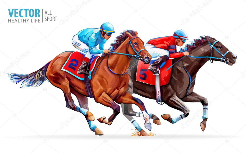 Two racing horses competing with each other. Sport. Champion. Hippodrome. Racetrack. Equestrian. Derby. Speed. Vector illustration Isolated on white background