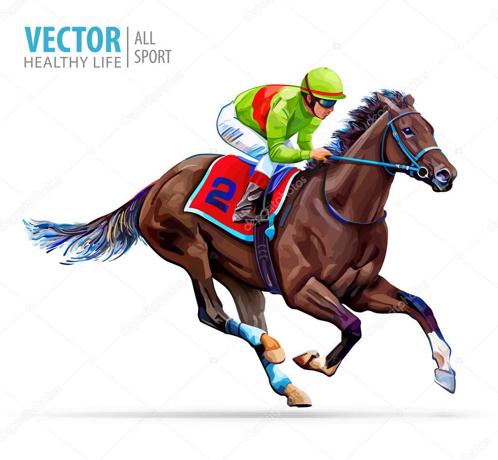 Jockey on racing horse. Sport. Champion. Hippodrome. Racetrack. Equestrian. Derby. Speed Isolated on white background Vector illustration