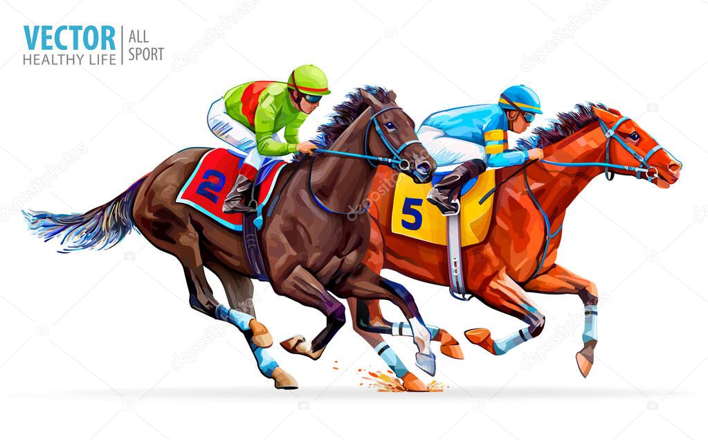 Two racing horses competing with each other. Sport. Champion. Hippodrome. Racetrack. Equestrian. Derby. Speed. Vector illustration Isolated on white background