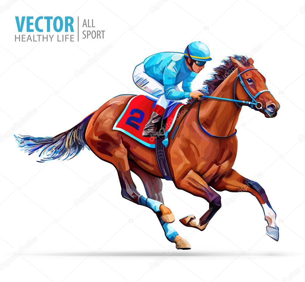 Jockey on racing horse. Sport. Champion. Hippodrome. Racetrack. Equestrian. Derby. Speed. Isolated on white background. Vector illustration