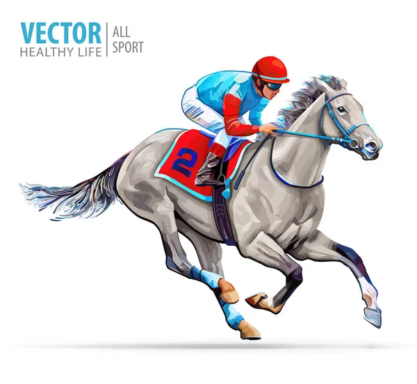 Jockey sobre caballo de carreras. Deporte. Campeón. Hipódromo. Pista de carreras. Ecuestre. Derby. Velocidad Aislado sobre fondo blanco. Ilustración vectorial — Vector de stock