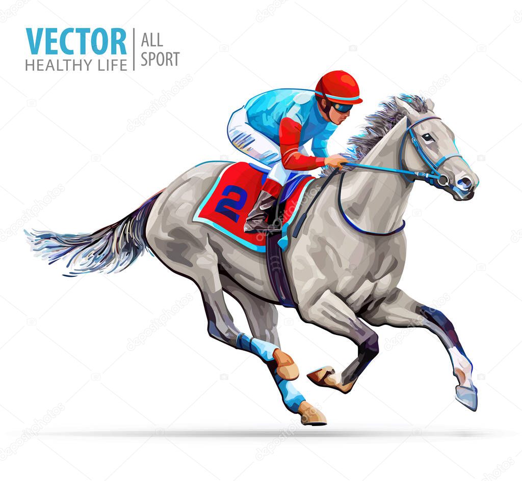 Jockey on racing horse. Sport. Champion. Hippodrome. Racetrack. Equestrian. Derby. Speed Vector illustration Isolated on white background