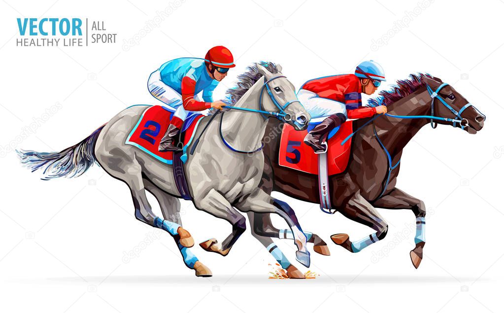 Two racing horses competing with each other. Sport. Champion. Hippodrome. Racetrack. Equestrian. Derby. Speed. Isolated on white background Vector illustration