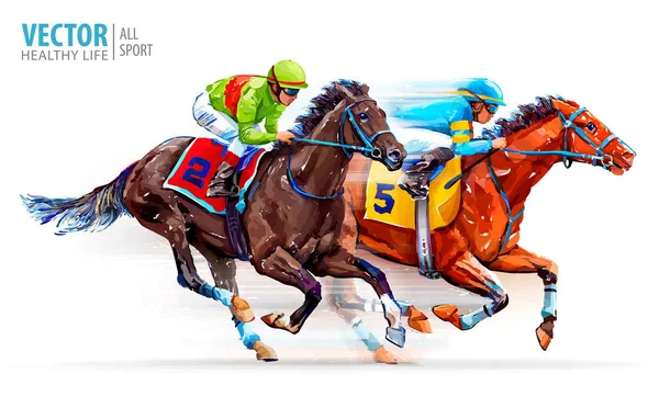 Two racing horses competing with each other. Hippodrome. Racetrack. Equestrian. Derby. Speed. Sport. Champion. Isolated on white background. Vector illustration — 스톡 벡터