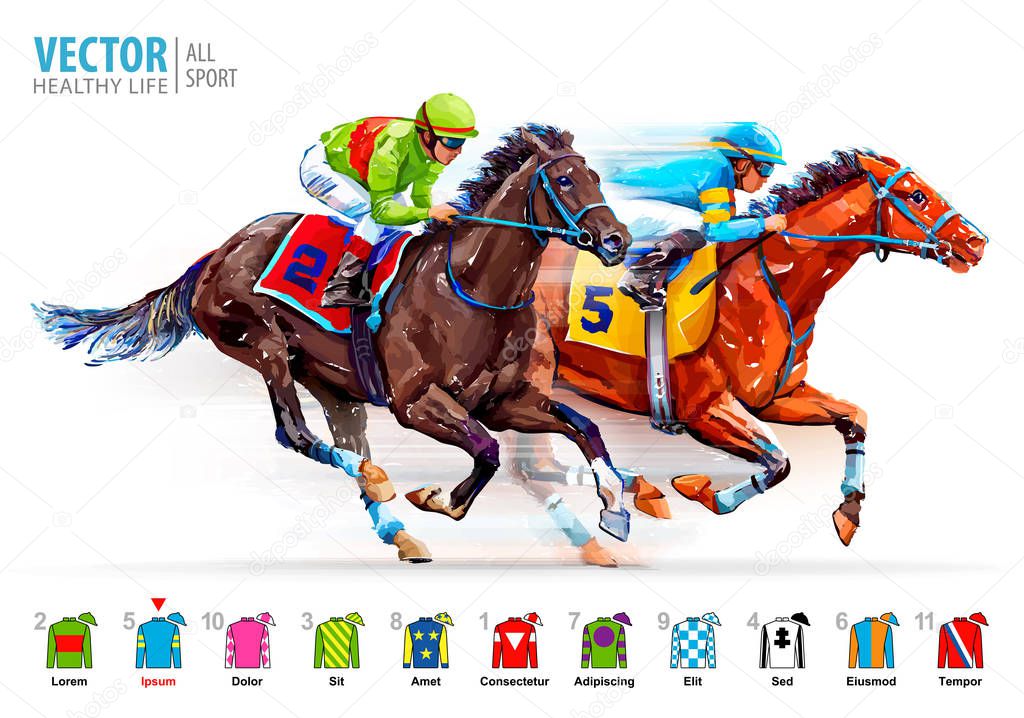 Two racing horses competing with each other. Hippodrome. Racetrack. Derby. Jockey uniform. Vector illustration. Isolated on white background