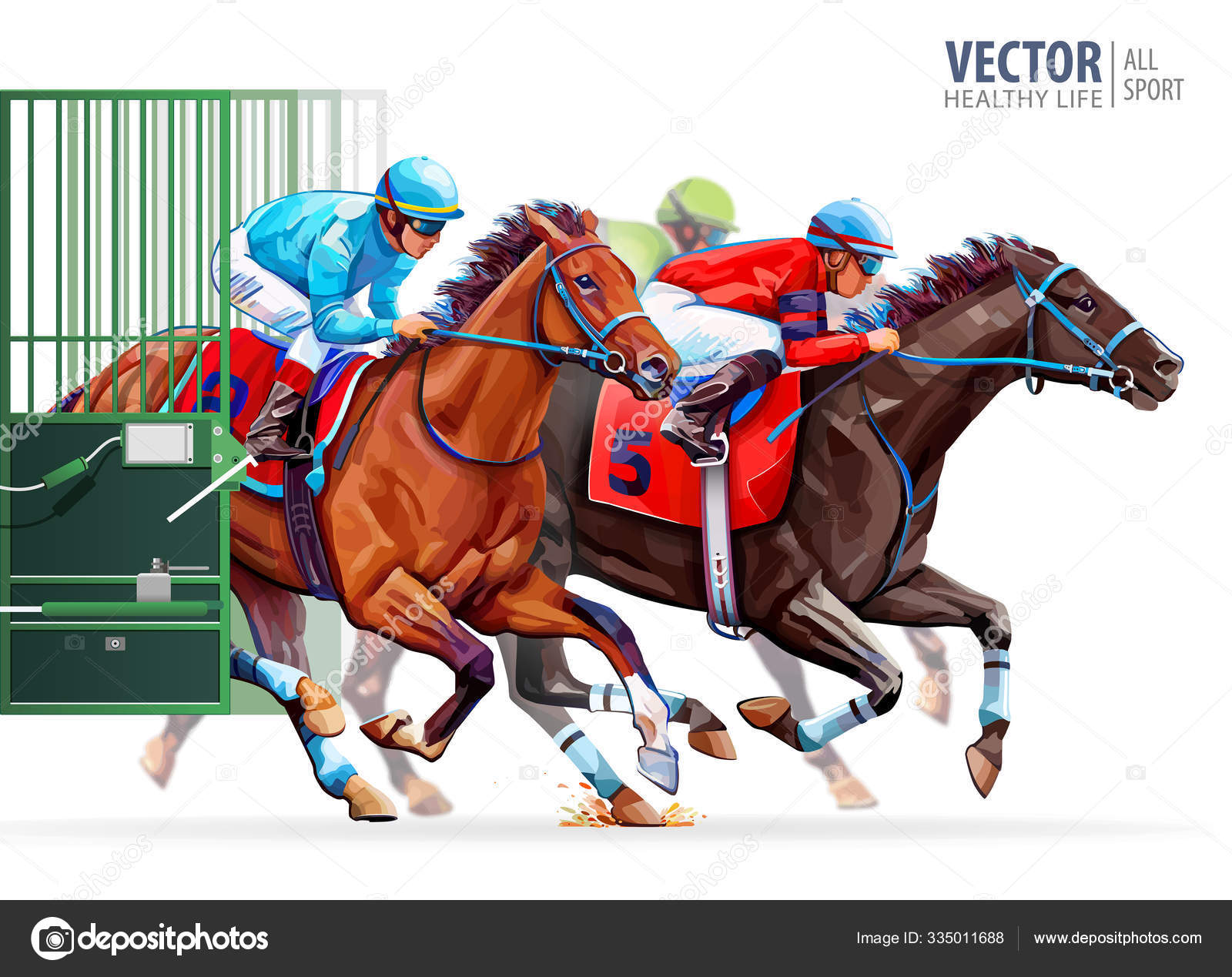 Three racing horses competing with each other. Start gates for horse ...