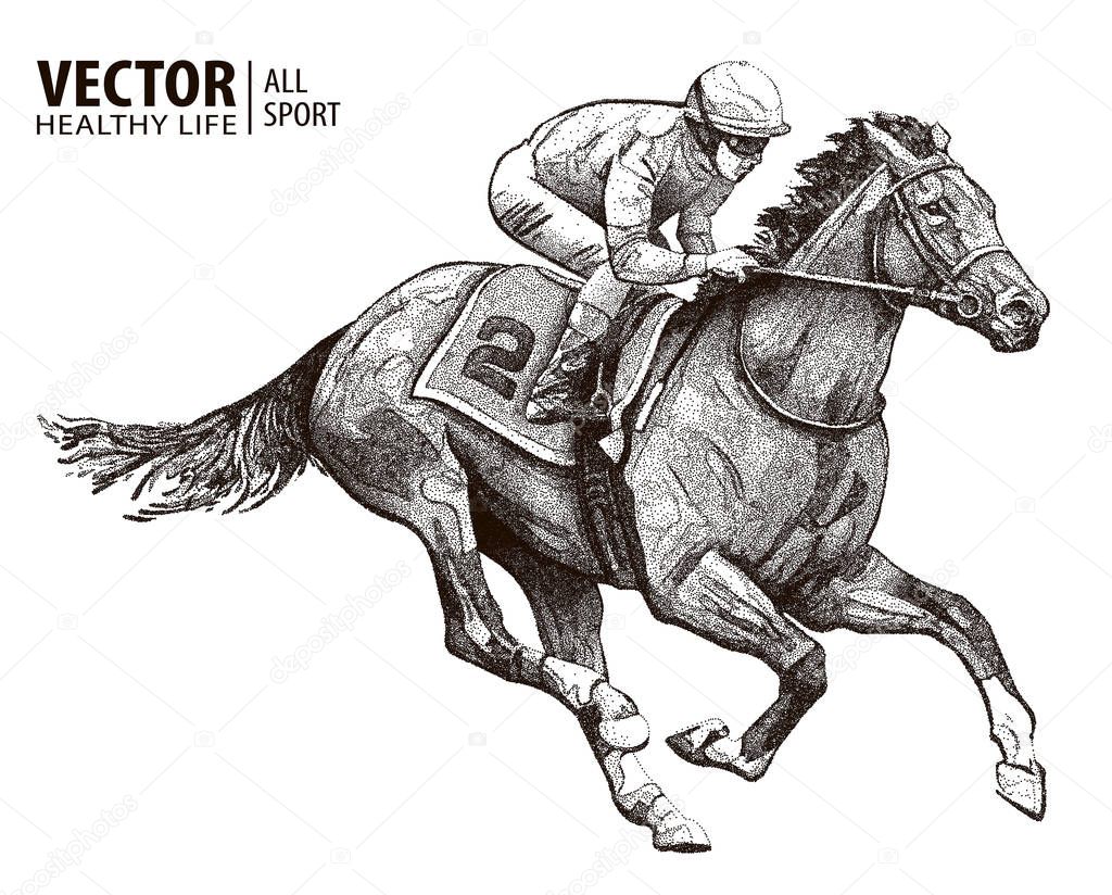 Jockey on racing horse. Derby. Vector illustration isolated on white background. Particle divergent composition. Equestrian sport.