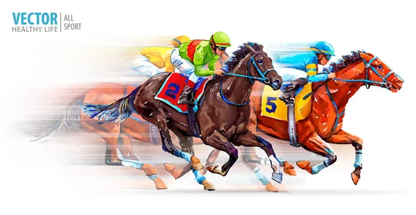 Üç yarış atı birbiriyle yarışıyor, hareket bulanıklığı ve aksan hızıyla. Derbi. Hipodrom. Yarış pisti. Spor. Vektör illüstrasyonu — Stok Vektör