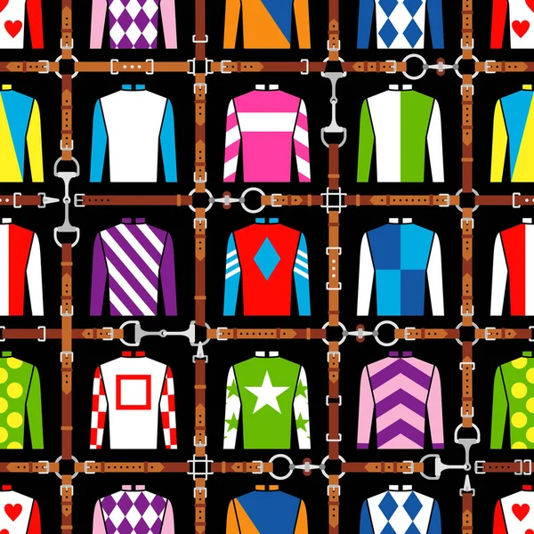 Seamless pattern jockey uniform. Traditional design. Silk. Harness, bridle, harness, belt. Horse racing fashion. Vector illustration — Wektor stockowy