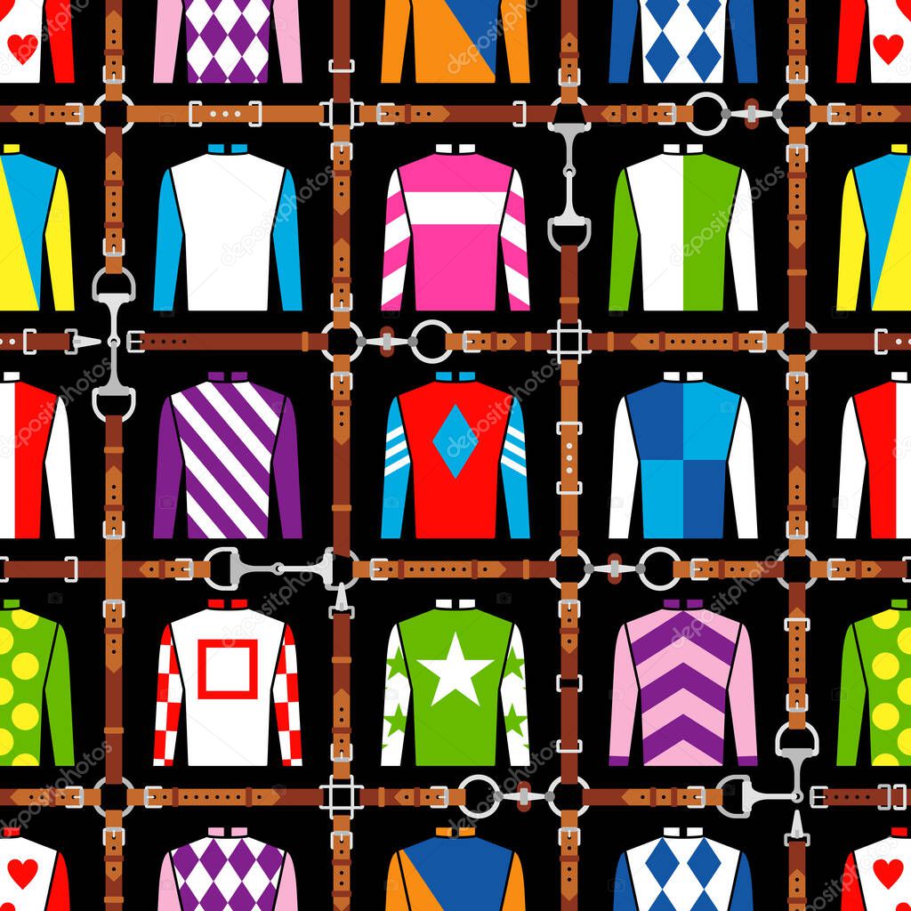 Seamless pattern jockey uniform. Traditional design. Silk. Harness, bridle, harness, belt Horse racing fashion Vector illustration