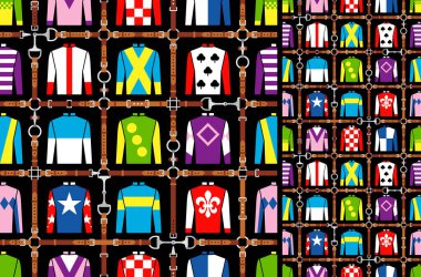 Seamless pattern jockey uniform. Traditional design. Silk. Harness, bridle, harness, belt. Horse racing fashion. Vector illustration