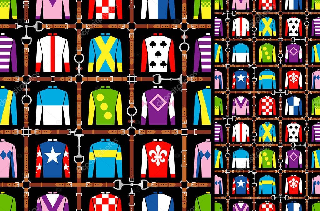Seamless pattern jockey uniform. Traditional design. Silk. Harness, bridle, harness, belt Horse racing fashion Vector Illustration