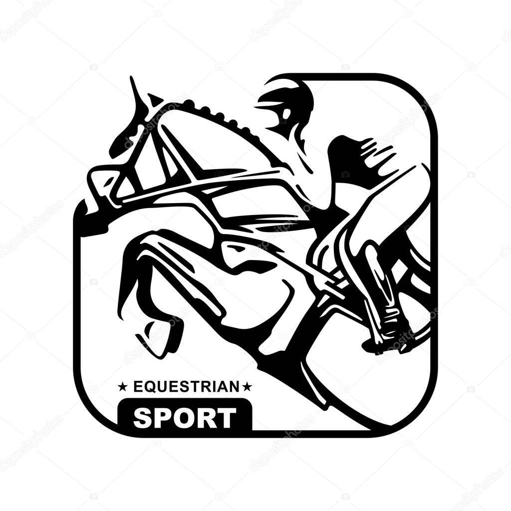 Logo. Design icons. Silhouette of racing horse with jockey. Equestrian sport. Poster. Sport. Jockey riding jumping horse. Vector Illustration.