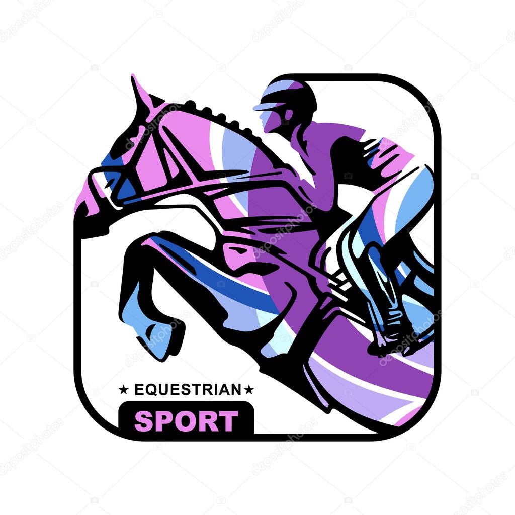 Logo. Design icons. Silhouette of racing horse with jockey. Equestrian sport. Poster. Sport. Jockey riding jumping horse. Vector Illustration.