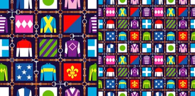 Seamless pattern jockey uniform. Traditional design. Silk. Harness, bridle, harness, belt. Horse racing fashion. Vector illustration
