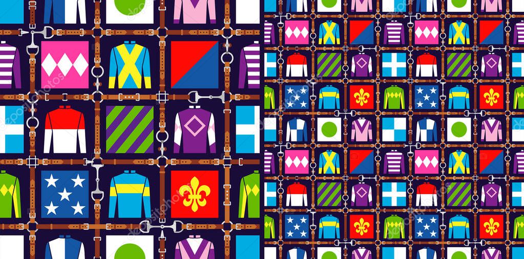 Seamless pattern jockey uniform. Traditional design. Silk. Harness, bridle, harness, belt Horse racing fashion Vector illustration
