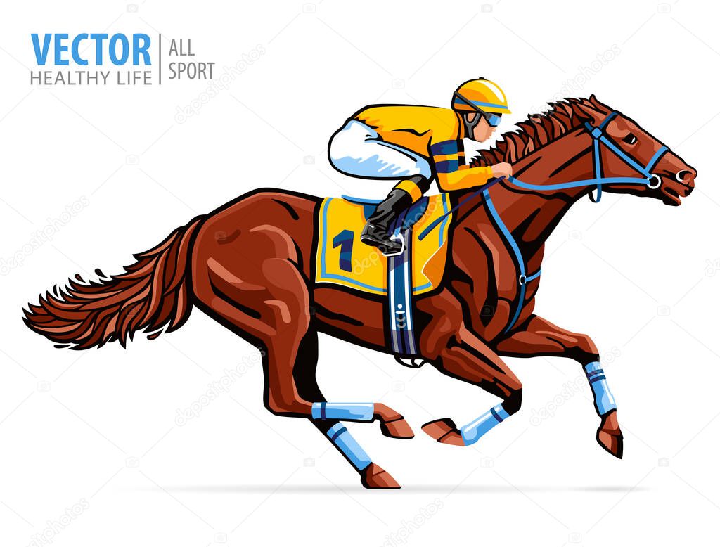 Jockey on racing horse. Sport. Champion. Hippodrome. Racetrack. Equestrian. Derby. Speed. Isolated on white background. Vector illustration