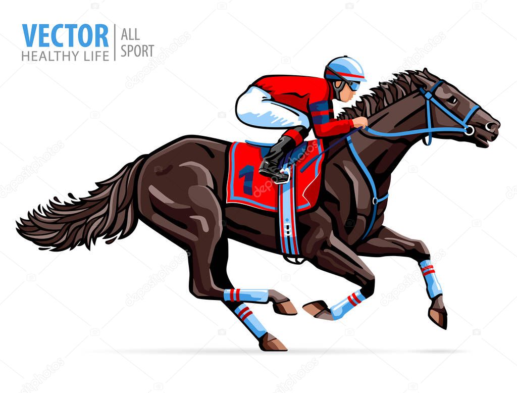 Jockey on racing horse. Sport. Champion. Hippodrome. Racetrack. Equestrian. Derby. Speed. Isolated on white background. Vector illustration