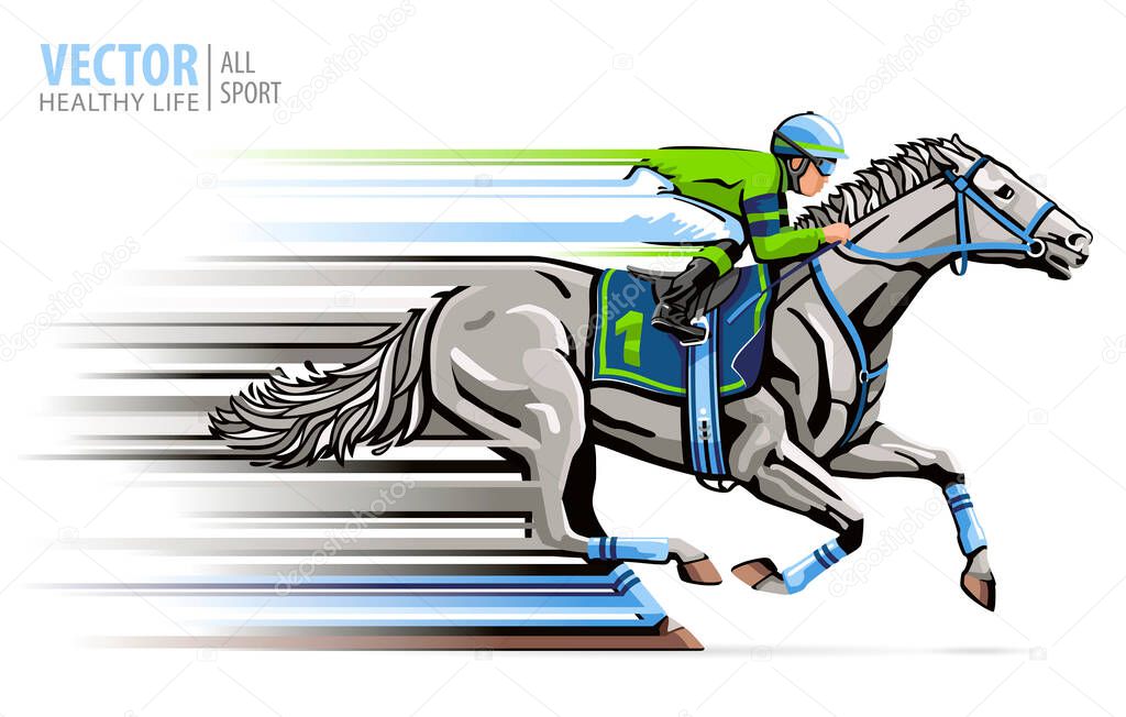 Jockey on racing white horse. Sport. Champion. Hippodrome. Racetrack. Derby. Equestrian. Isolated on white background Vector illustration