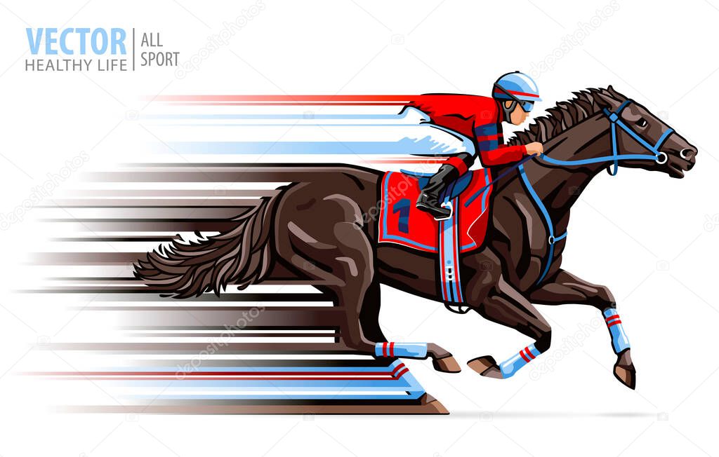 Jockey on horse race. Sport. Racehorse. Hippodrome. Racetrack. Equestrian. Derby. Speed. Isolated on white background. Vector illustration