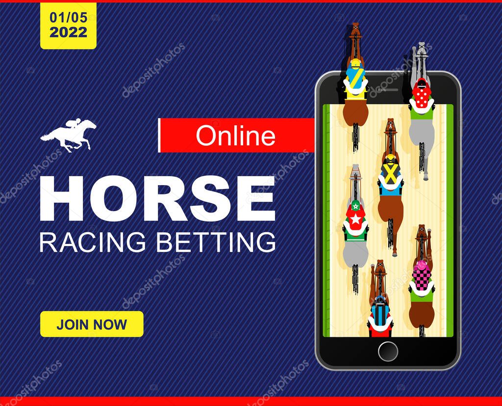 Racing horses competing with each other. Banner. Universal template for a website. Horse racing. Hippodrome. Racetrack. Vector illustration. Top view.