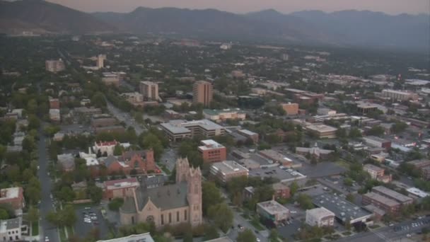 Aerial shot of salt lake city sunset and cathedral — Stock Video