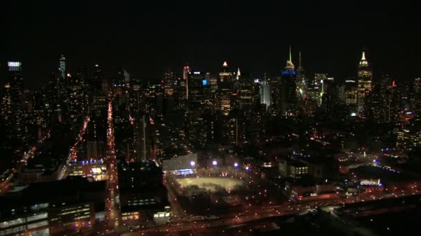 Nyc nighttime cityscape aerial — Stock Video