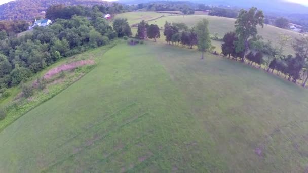 Mosca aérea sobre campo gramado ao pôr-do-sol — Vídeo de Stock