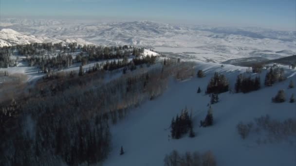 雪に覆われた山々 や牧草地の空中ショット — ストック動画