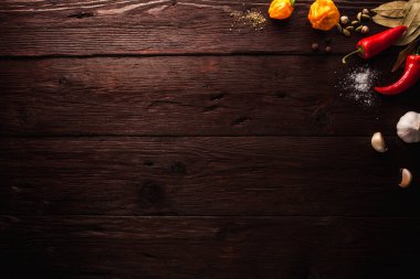 Biber, sarımsak, defne yaprağı, baharatlar, koyu ahşap arka planda tuz. Bedava metin alanı olan arkaplan düzeni. Uzayı kopyala Üst Manzara. Yemek düzdü.