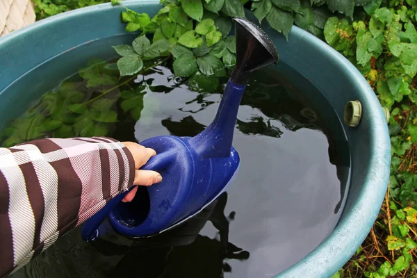 El agua de lluvia el tanque de agua - el riego del jardín con el agua de lluvia — Foto de Stock